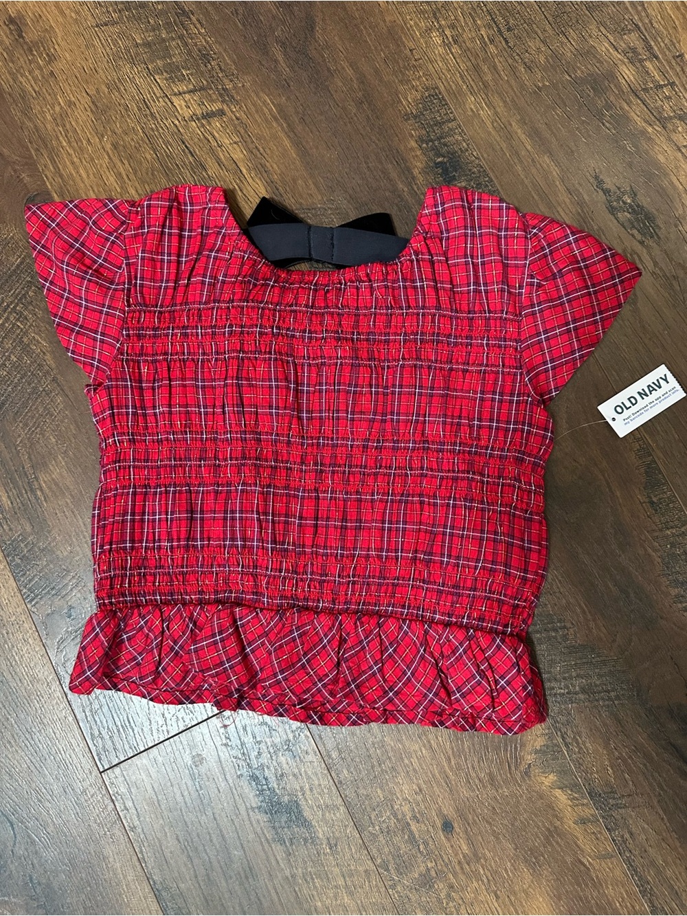 Old Navy Red Plaid Smocked Girls Top with Black Bow